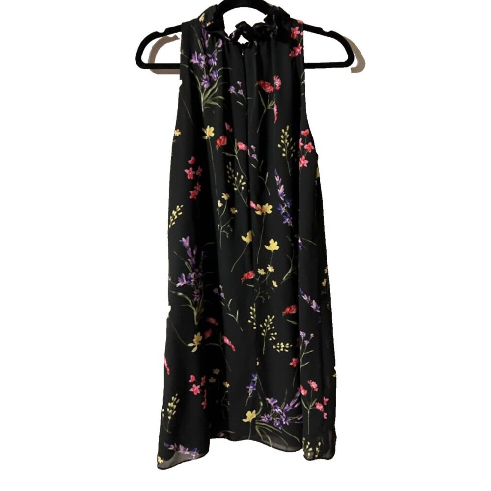 Tahari Dress 10 Black Multi Floral Ruffle Neck Shift Flowy Sleeveless Summer - Picture 8 of 8